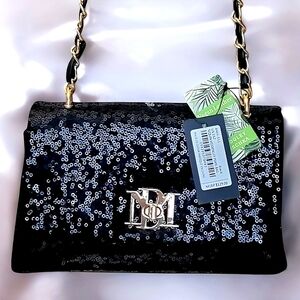 Elegant Black Sequin Badgley Mischka Messenger Pearl Crossbody Bag NWT